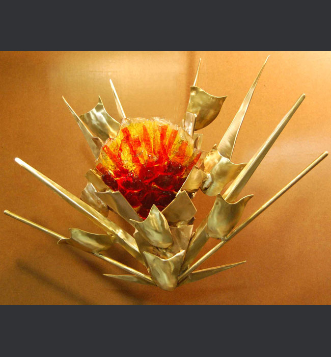 Eternal Light / Ner Tamid by David Klass of Synagogue Art: Temple Sinai, Denver, CO  Brass and cast glass, 14”h x 18”w