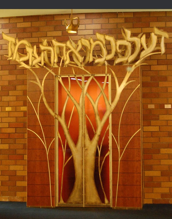 Synagogue Ark by David Klass of Synagogue Art:Temple Beth El, Salinas, CA  Bronze, glass and cherry, 10'h x 10'w